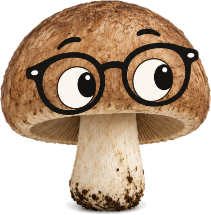 Curious Fungus mascot: a brown mushroom wearing round black glasses